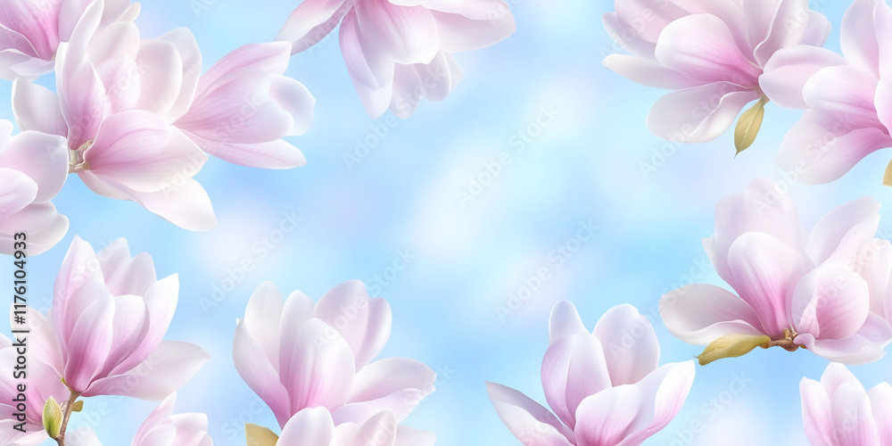 Delicate magnolia blossoms against a soft, light blue sky background.