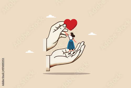 Handing Over the Heart, A Visual Representation of Trust and Connection, one large hand cradles a small person, while another extends a red heart toward them