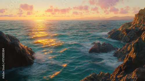 A breathtaking cliffside view overlooking a serene emerald-green ocean, sharp rocks casting long shadows in the golden sunset light, gentle waves rolling under a pale pink sky with streaks of orange a photo