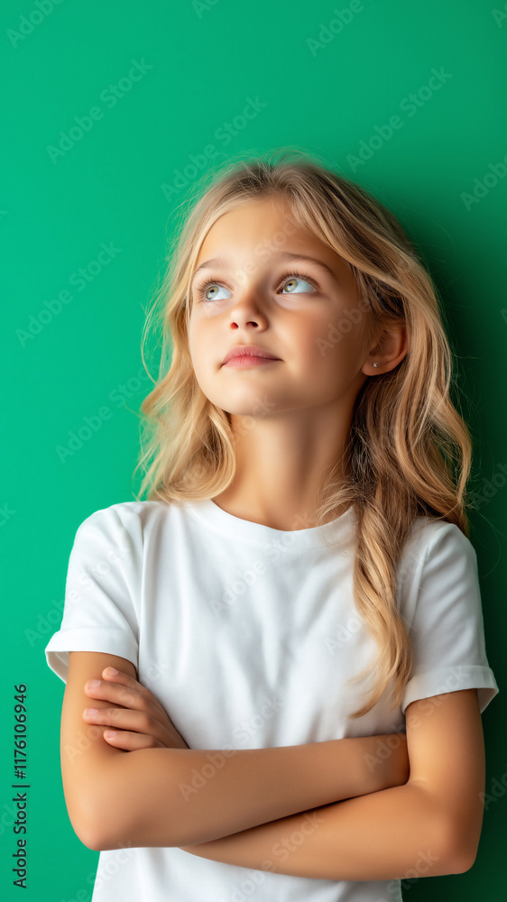 Teenage girl with long hair poses confidently against solid green background