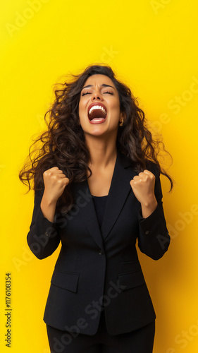 South Asian woman expressing joy with clenched fists against a vibrant yellow backdrop photo