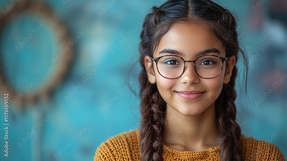 A smiling girl with glasses and braided hair, wearing a cozy sweater, against a colorful background. A smiling girl with glasses and braided hair, wearing a cozy sweater, against a colorful background.