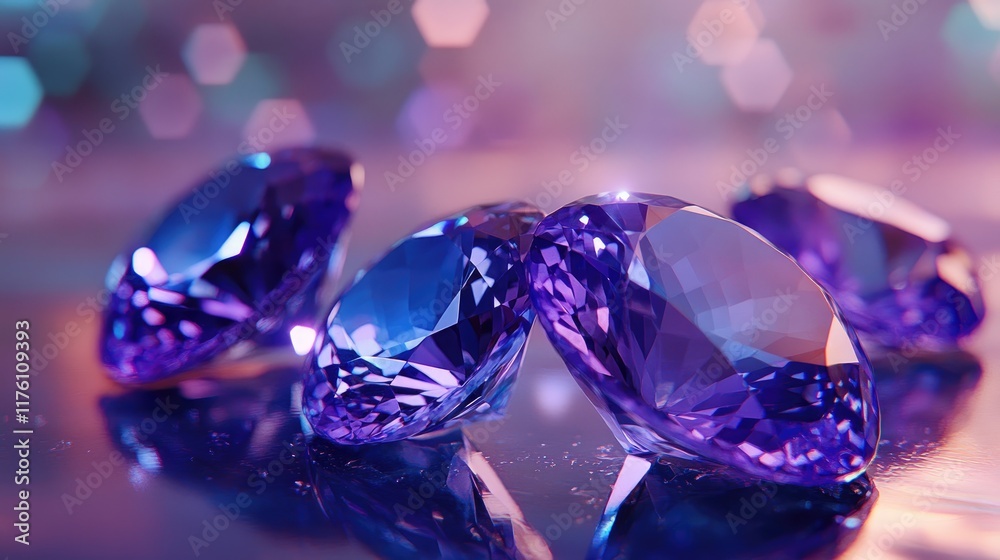 Close-up of tanzanite gemstones arranged elegantly on a glossy surface, highlighting their vibrant violet-blue shades. Close-up of tanzanite gemstones arranged elegantly on a glossy surface, highlighting their vibrant violet-blue shades.