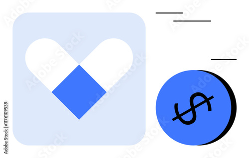 Heart shape formed by two pills and a blue dollar sign inside a circle. Ideal for health, medicine, pharmaceuticals, healthcare cost, financial planning, economics, drug pricing insurance. Clear