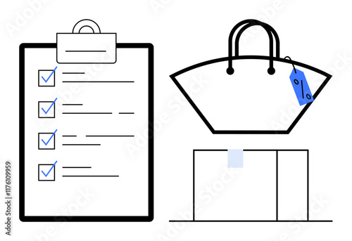 Task checklist next to shopping bag with tag and box. Ideal for productivity, shopping, to-do lists, retail planning, project management, business organization, and time management. Abstract line