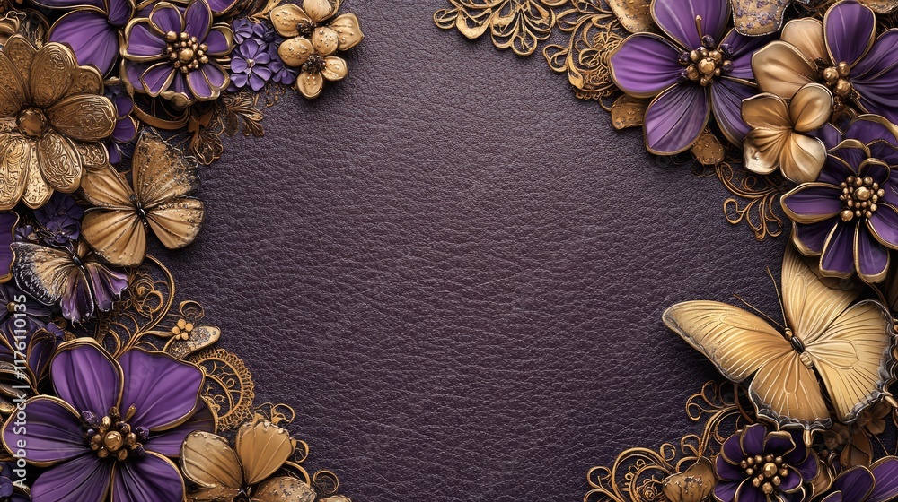 Elegant floral frame in purple and gold with intricate lace details and butterflies, set against a leather backdrop for a sophisticated, timeless feel. Elegant floral frame in purple and gold with intricate lace details and butterflies, set against a leather backdrop for a sophisticated, timeless feel.