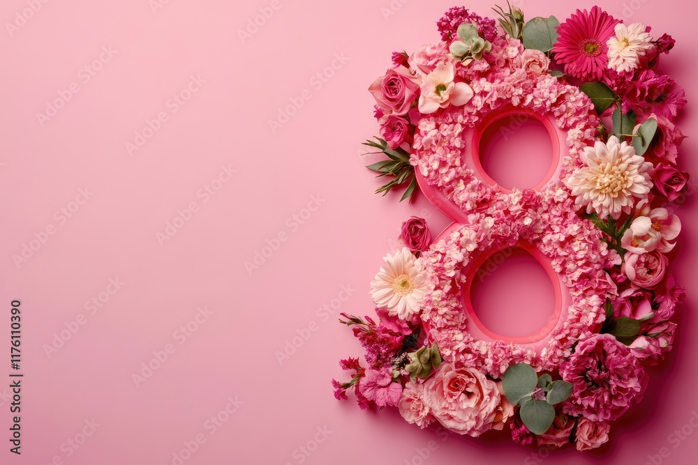 International Women's Day. Banner, flyer, postcard. Flowers in the form of the number 8 and a retro car on a pink background. Flower delivery. Online order in a flower shop. International Women's Day. Banner, flyer, postcard. Flowers in the form of the number 8 and a retro car on a pink background. Flower delivery. Online order in a flower shop.