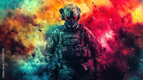 Soldier amidst colorful explosion effects.
