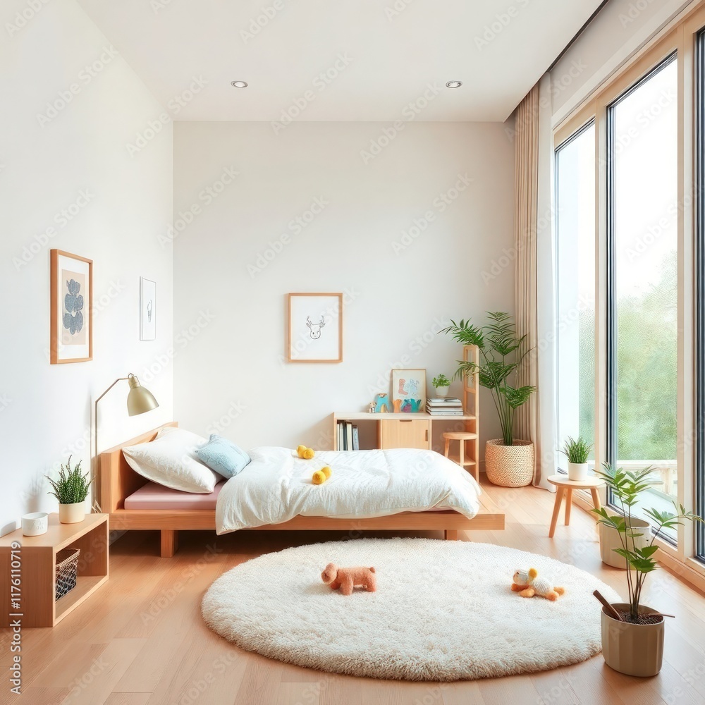 a bright and cozy nursery designed with a minimalist aesthetic. Bed. Flooring. Windows. Decor. Furniture. Soft Toys. Lighting. Shadows. a bright and cozy nursery designed with a minimalist aesthetic. Bed. Flooring. Windows. Decor. Furniture. Soft Toys. Lighting. Shadows.