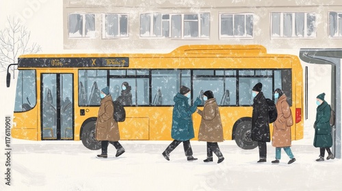 Buses are parked at bus stops and people get on and off at the front of them, the art of life, buses operate as people go about their business during rush hour