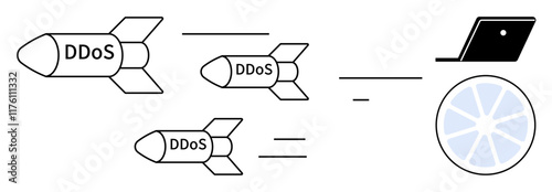 Three labeled missiles DDoS flying towards laptop and network symbol. Ideal for cybersecurity, digital safety, network protection, cyber threats, online attacks, digital warfare, risk management