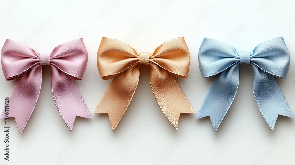 Three colorful satin bows in pink, peach, and blue, perfect for decorations or gift wrapping. Three colorful satin bows in pink, peach, and blue, perfect for decorations or gift wrapping.