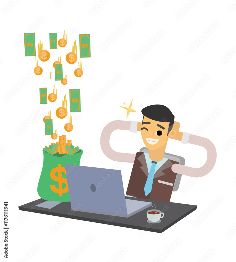 Vector illustration of male businessman character working in front of laptop, cute cartoon illustration Vector illustration of male businessman character working in front of laptop, cute cartoon illustration