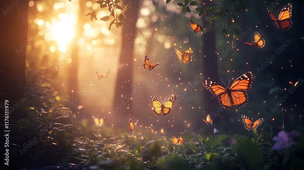 Obraz premium Enchanted Sunset: Monarch Butterflies Dance in a Sun-Dappled Forest