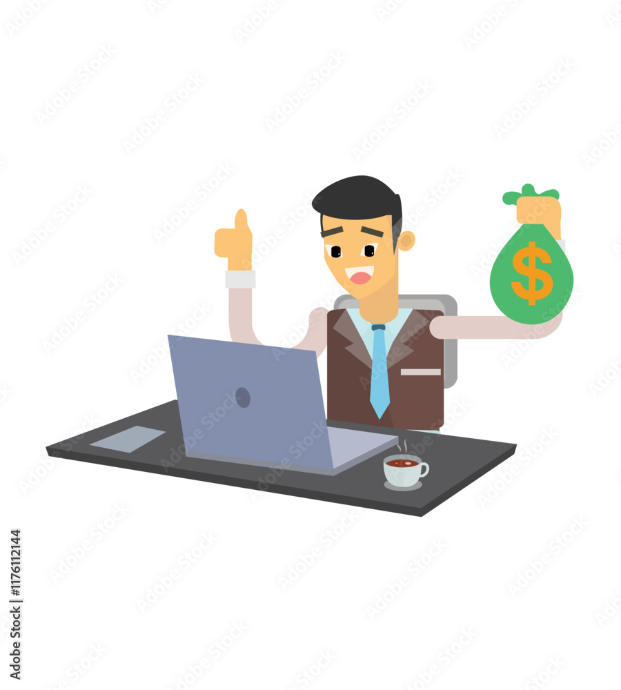 Vector illustration of male businessman character working in front of laptop, cute cartoon illustration Vector illustration of male businessman character working in front of laptop, cute cartoon illustration