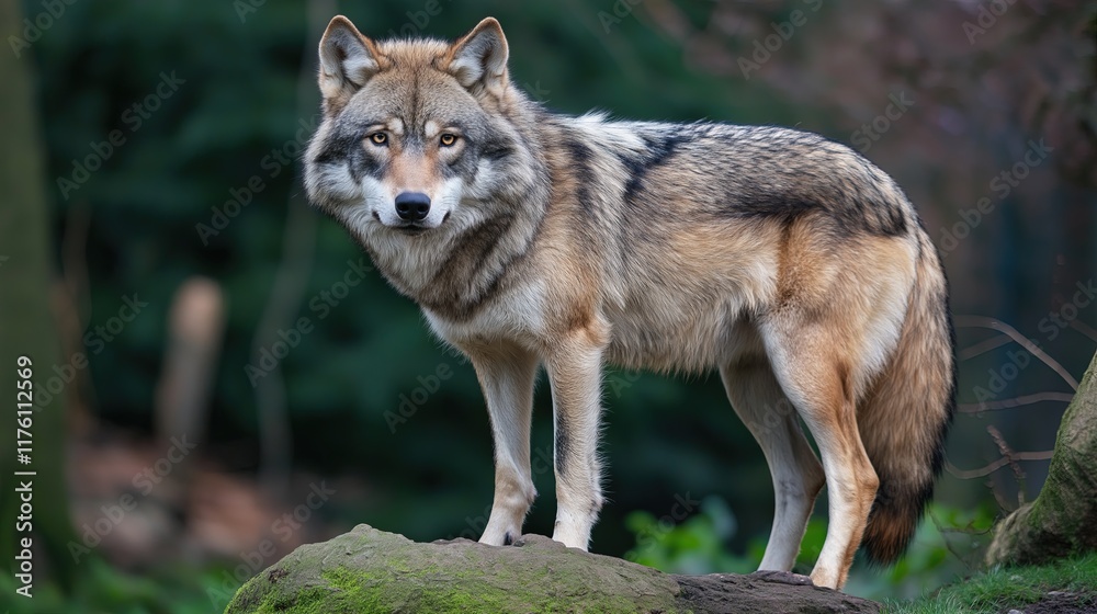 A wolf is standing on a rock in a forest A wolf is standing on a rock in a forest