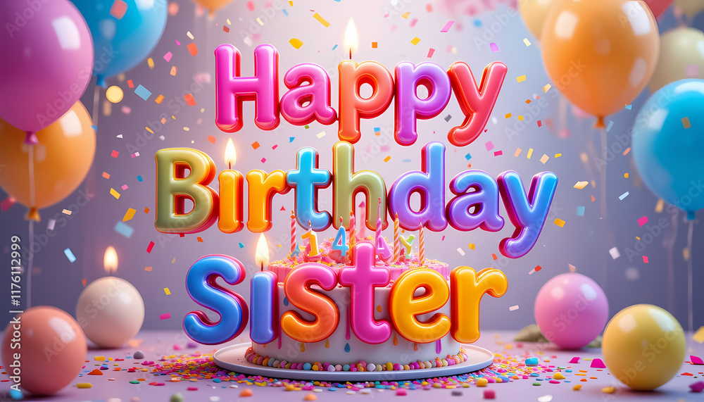 Happy Birthday Sister 3D HD image for wishing in vibrant colors, candles, balloons, confetti, cake, and digital background for the birthday celebration. Happy Birthday Sister 3D HD image for wishing in vibrant colors, candles, balloons, confetti, cake, and digital background for the birthday celebration.