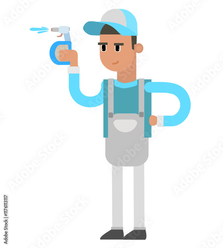 Male cleaning service person character vector illustration, cute cartoon illustration