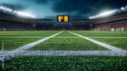 artificial turf field with neatly marked white lines, blurred floodlights
