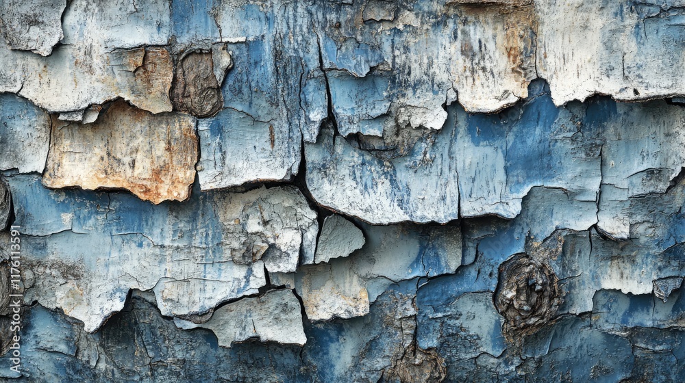 The intricate details of weathered blue paint peeling from cracked bark, revealing the natural texture underneath in a rustic and textured close-up shot. The intricate details of weathered blue paint peeling from cracked bark, revealing the natural texture underneath in a rustic and textured close-up shot.