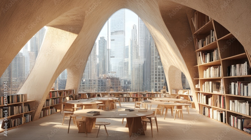 Obraz premium Modern library with city view and wooden tables.