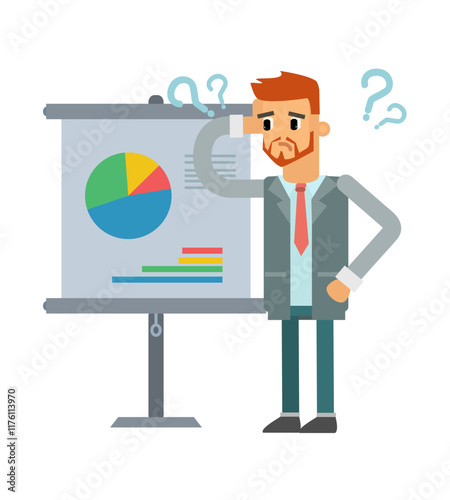 Vector illustration of male businessman character doing presentation, cute cartoon illustration
