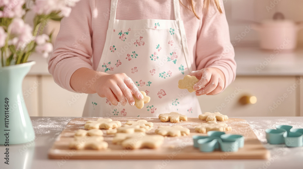 A bright and lively stock image of a child preparing cookies in a minimalistic kitchen with a modern design, wearing a white apron with small floral patterns over a light pink shirt, surrounded by coo A bright and lively stock image of a child preparing cookies in a minimalistic kitchen with a modern design, wearing a white apron with small floral patterns over a light pink shirt, surrounded by coo