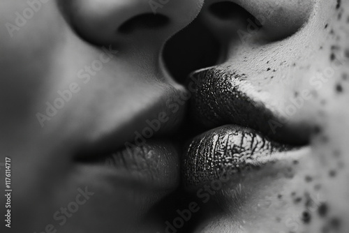 Close-up of two individuals about to kiss, capturing intimacy in muted tones, focusing on the lips, skin textures, and emotional connection they share photo