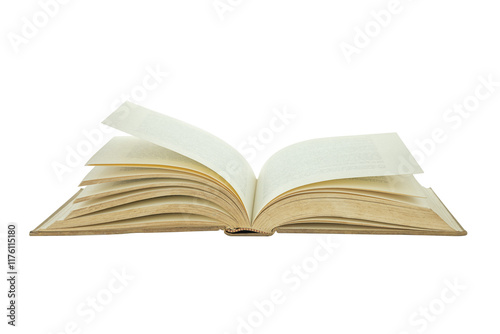An old book is open isolated on white background with clipping path.