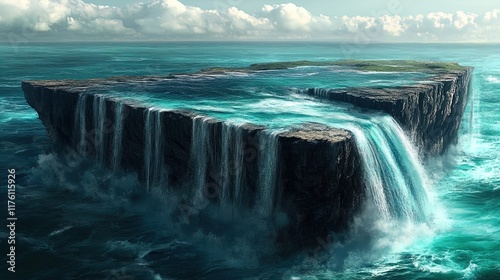A surreal scene depicting a massive, rectangular rock formation surrounded by vibrant turquoise waters. Cascading waterfalls flow off the edges of the flat-topped structure into the ocean below, creat