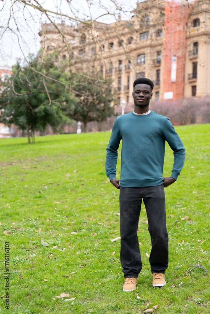 Fototapeta premium Stylish african american male standing in urban park