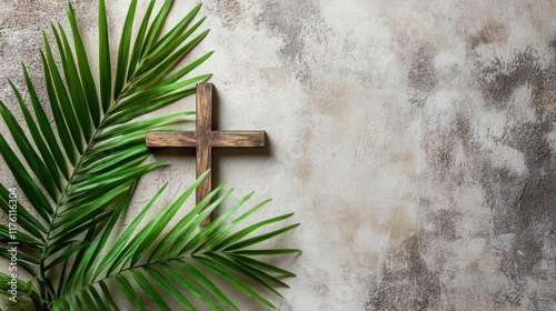 Lent season, Holy week and Good friday concept. Palm leave and cross on stone background 