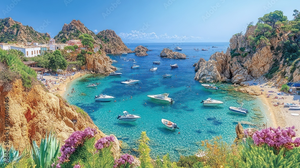 Obraz premium A serene beach scene with boats and rocky cliffs under a clear blue sky.