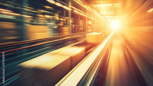 Dynamic motion blur of packages moving through a modern warehouse, showcasing the efficiency and speed of logistics and distribution in a bright, energetic environment.