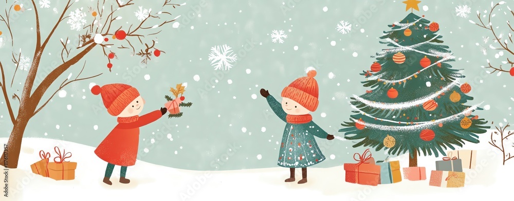 Christmas tree in snowy winter with Santa Claus and festive decorations Christmas tree in snowy winter with Santa Claus and festive decorations