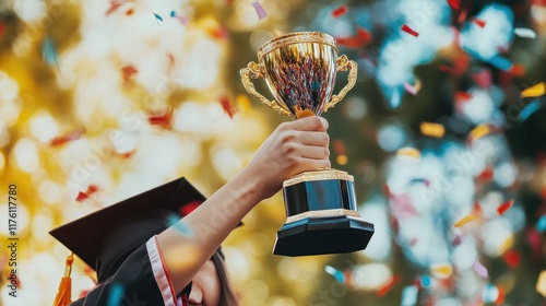 A student's hand holds a trophy and wears a graduation cap, celebrating their academic success with confetti in the background