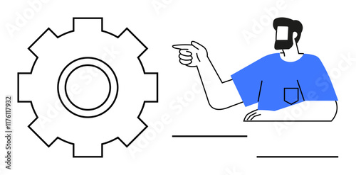 Person pointing at a large gear wheel, emphasizing technical guidance, innovation, teamwork, problem solving, engineering, productivity, and process improvement. Ideal for presentations manuals