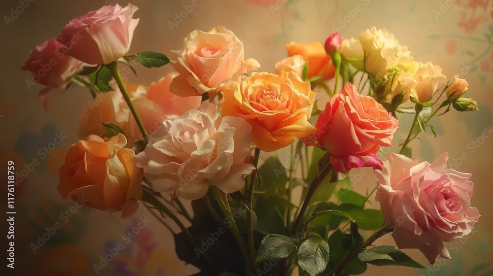 Fototapeta premium A Beautiful Arrangement of Colorful Roses in Soft Natural Light with a Floral Background Creating a Romantic Atmosphere for Various Design Purposes