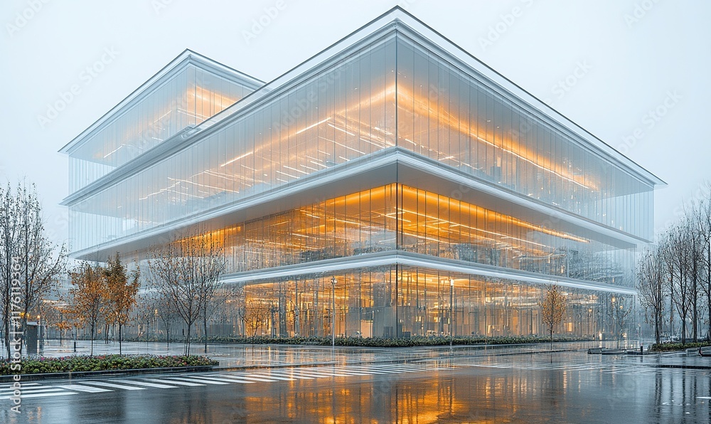 A modern architectural structure with glass facades illuminated in a foggy setting, reflecting a contemporary design. A modern architectural structure with glass facades illuminated in a foggy setting, reflecting a contemporary design.