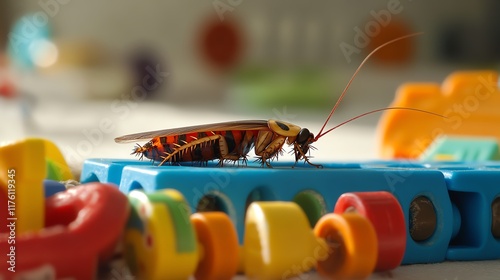 Close-up of a cockroach exploring colorful plastic toy blocks in a bright setting.