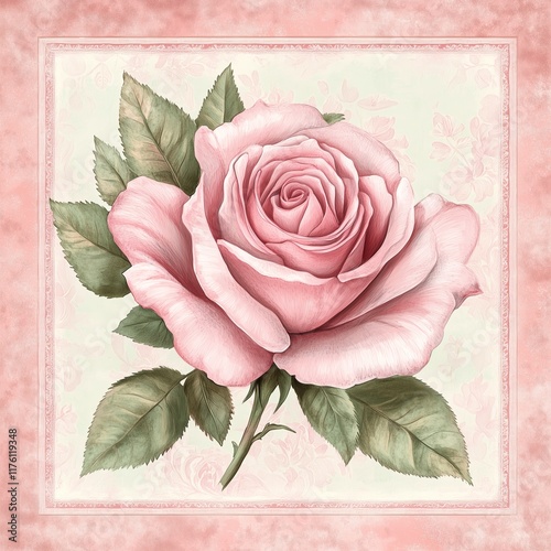 square pale pink shabby chic chintz victorian shaby chic rose label water colour illustration  photo