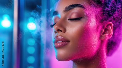 A young woman enjoys a relaxing beauty treatment surrounded by colorful lights and steam, representing self-care, tranquility, and the importance of mental wellness in daily life. photo