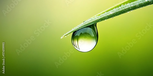 Close-up of a dewdrop on a leaf tip against a blurred green background. photo