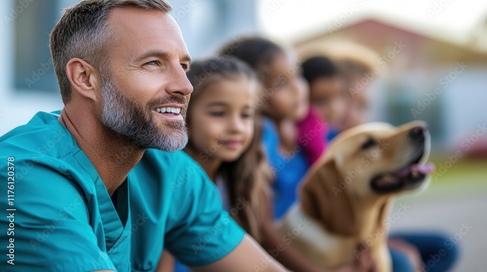 Obraz premium A compassionate veterinarian enjoys a happy moment with children and a friendly dog, showcasing the bond between pets and young ones in a relaxed outdoor setting full of joy.