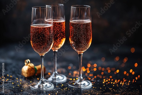 Three elegant flutes of sparkling ros? wine with festive decorations and a dark background. photo