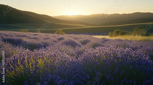 Scenic landscape featuring a vast field of blooming lavender with vibrant purple flowers swaying gently in the breeze. The field stretches into the distance, illuminated by the soft glow of a sunset, 