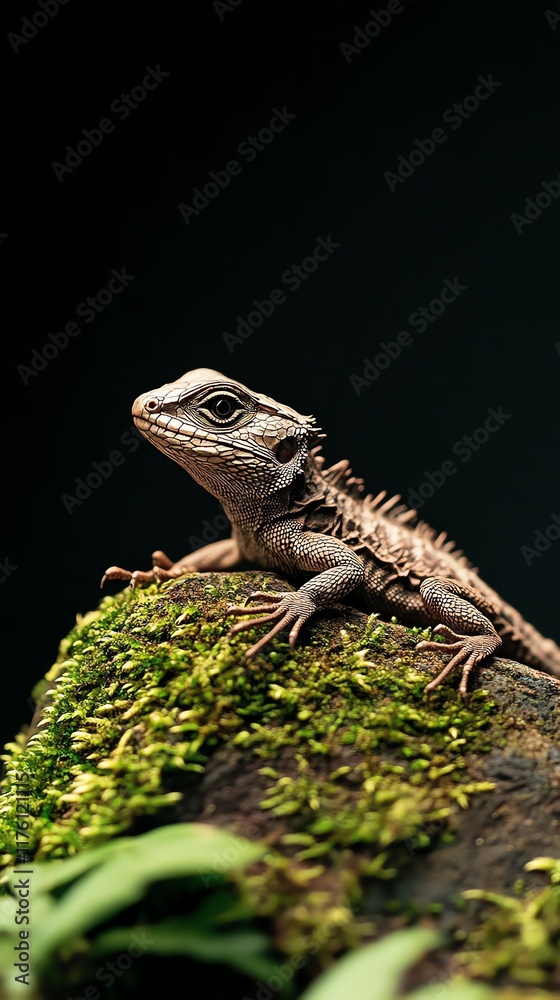 Fototapeta premium Close-up of a lizard on a mossy log in a forest setting.