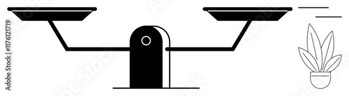 Balanced scales with two trays and a plant on the right. Ideal for themes of balance, justice, growth, harmony, equilibrium, decision-making, law. Simple abstract line flat metaphor