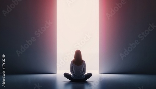 Contemplative young woman sitting cross-legged in front of an illuminated doorway, symbolizing hope and new beginnings in a minimalist setting