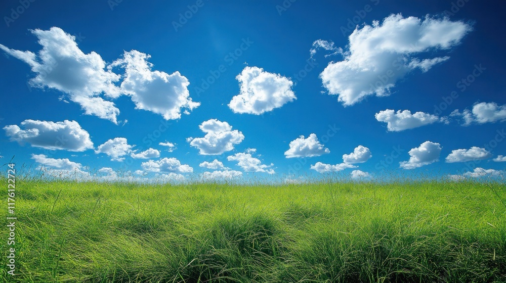Obraz premium A serene landscape showcasing lush green grass under a bright blue sky with clouds.